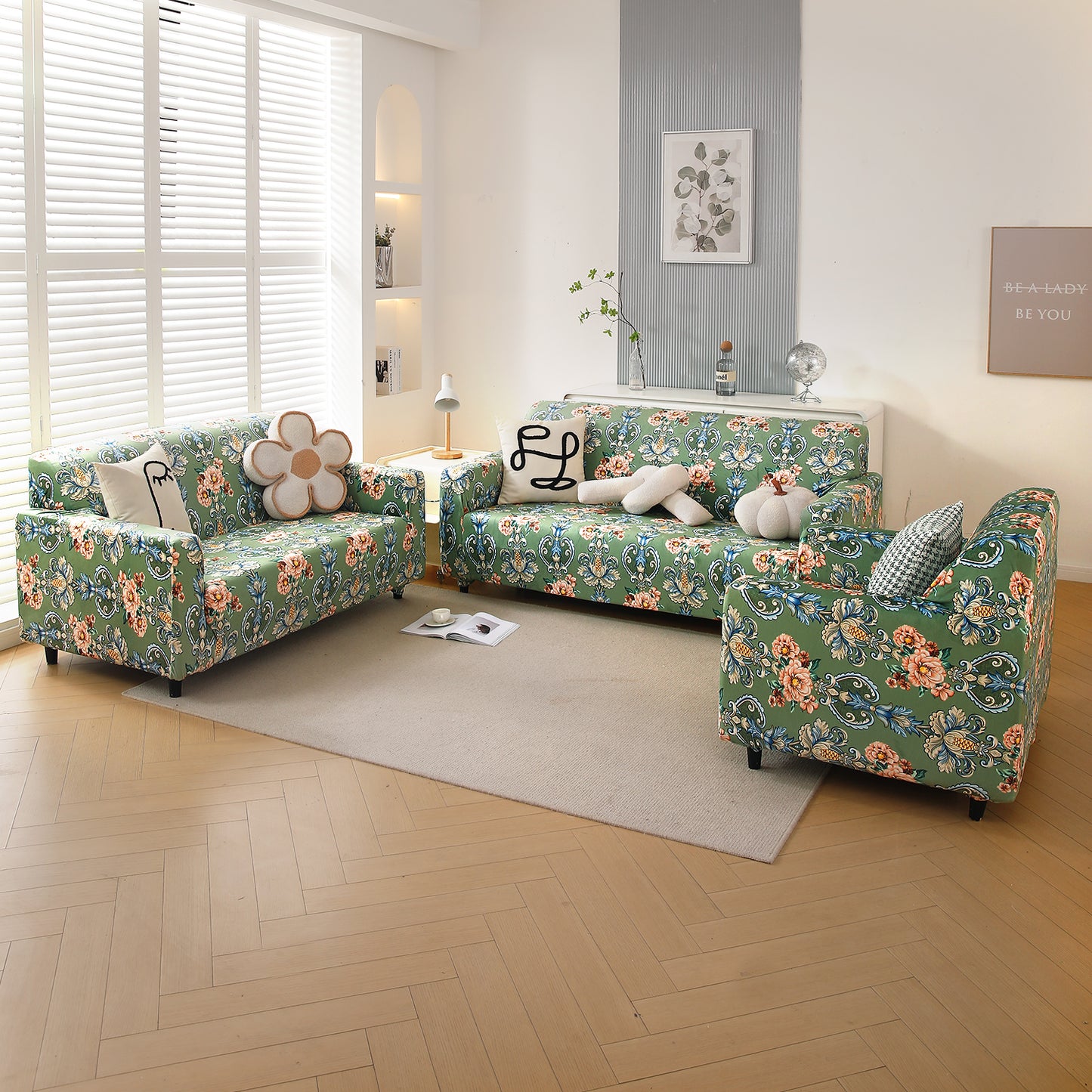 Premium Printed Velvet Sofa Cover 1/2/3 Seaters Fully Covered, Green Victorian Garden