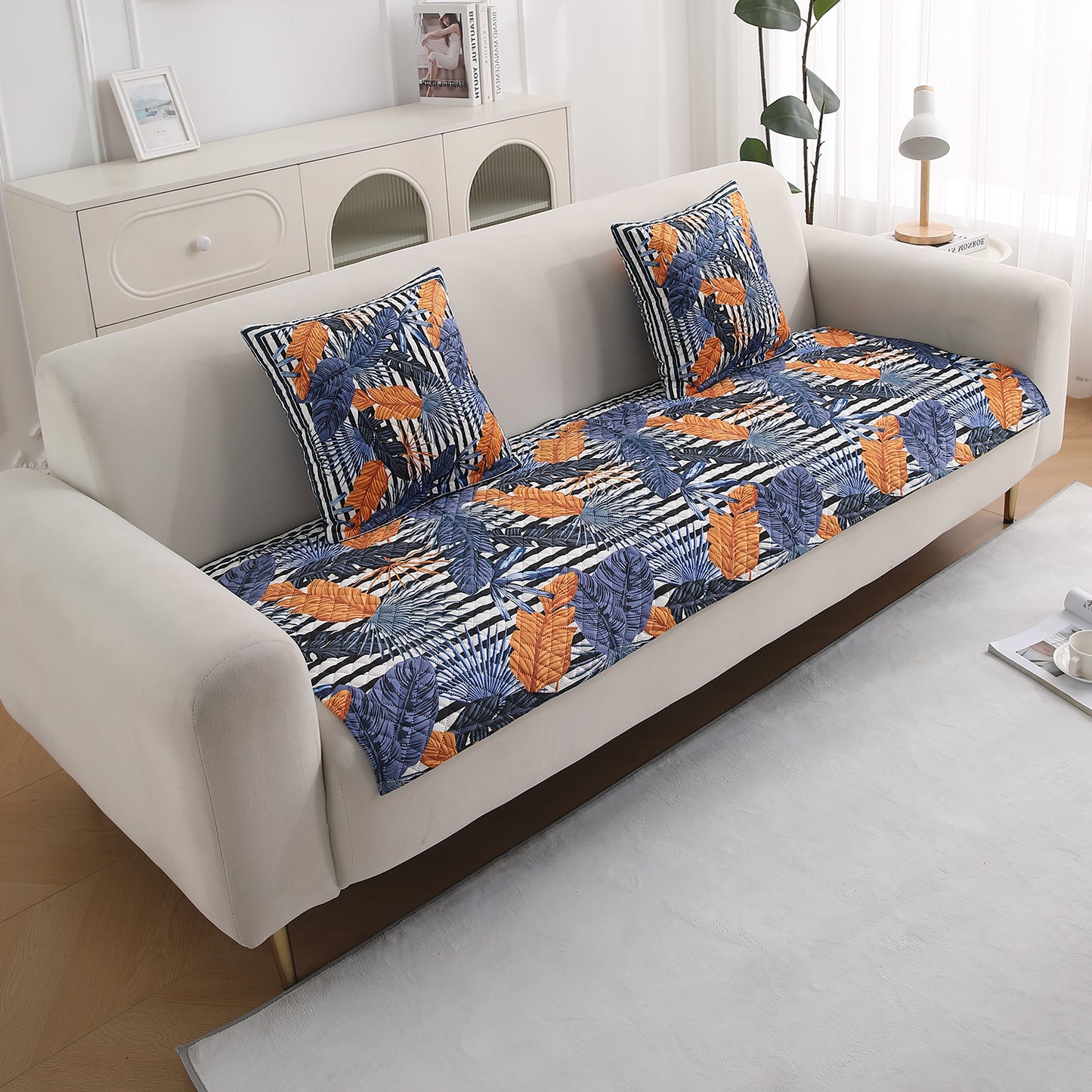 LiefNest Printed Holland Velvet Sofa Mat with Foam Filling - Tropical Leaves Dusk Blue for 1/2/3 Seater & Armrest