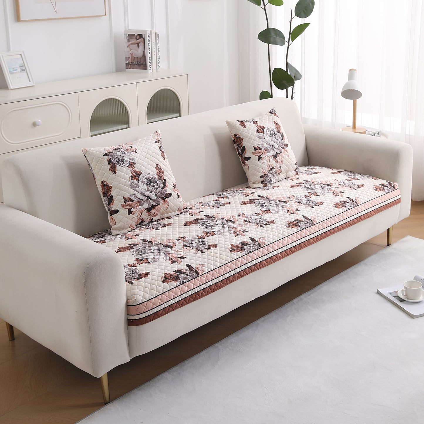 LiefNest Printed Holland Velvet Sofa Mat with Foam Filling - Chrysanthemum Bloom Soft Beige for 1/2/3 Seater & Armrest