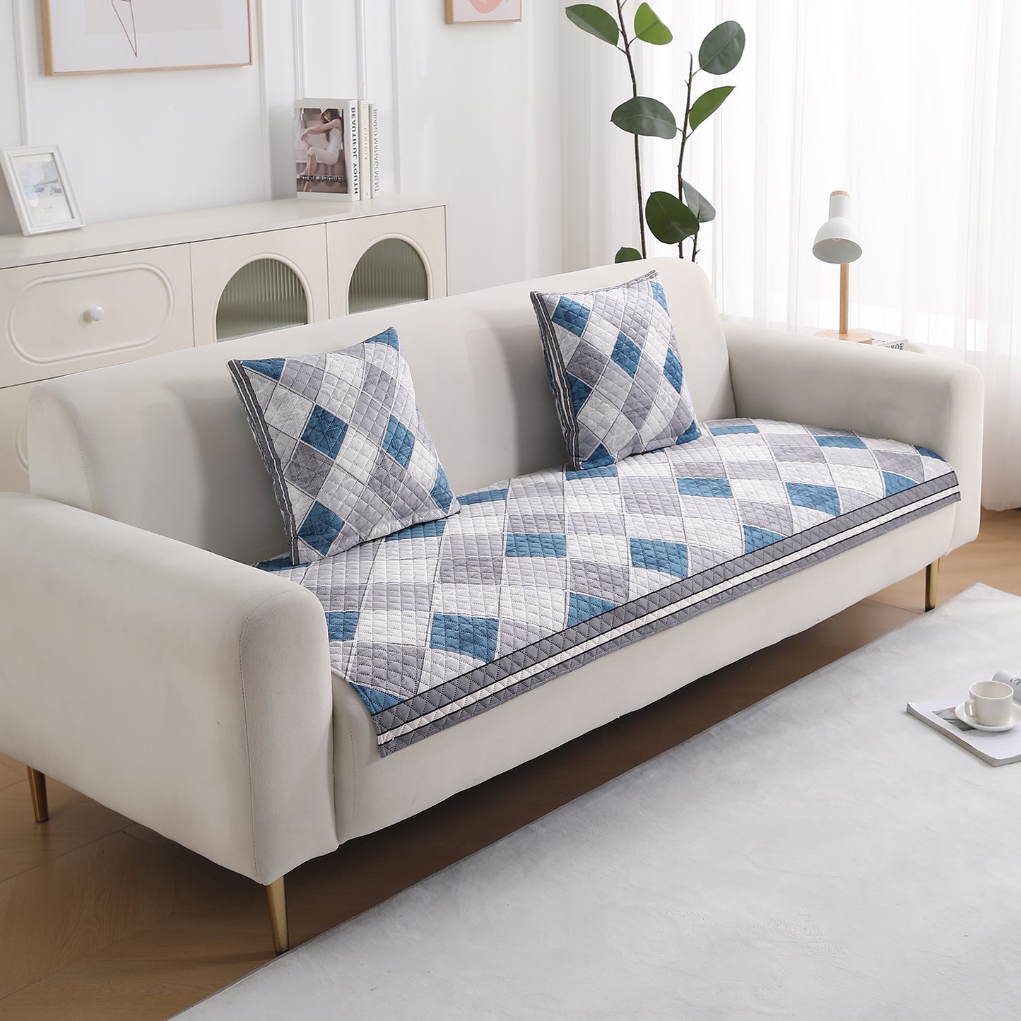 LiefNest Printed Holland Velvet Sofa Mat with Foam Filling - Diamond Slate Grey Blue for 1/2/3 Seater & Armrest