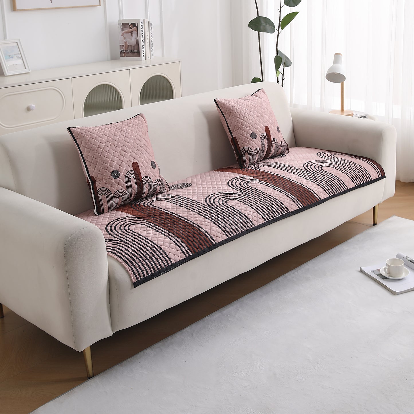 LiefNest Printed Holland Velvet Sofa Mat with Foam Filling - Modern Archscape Mauve Blush for 1/2/3 Seater & Armrest