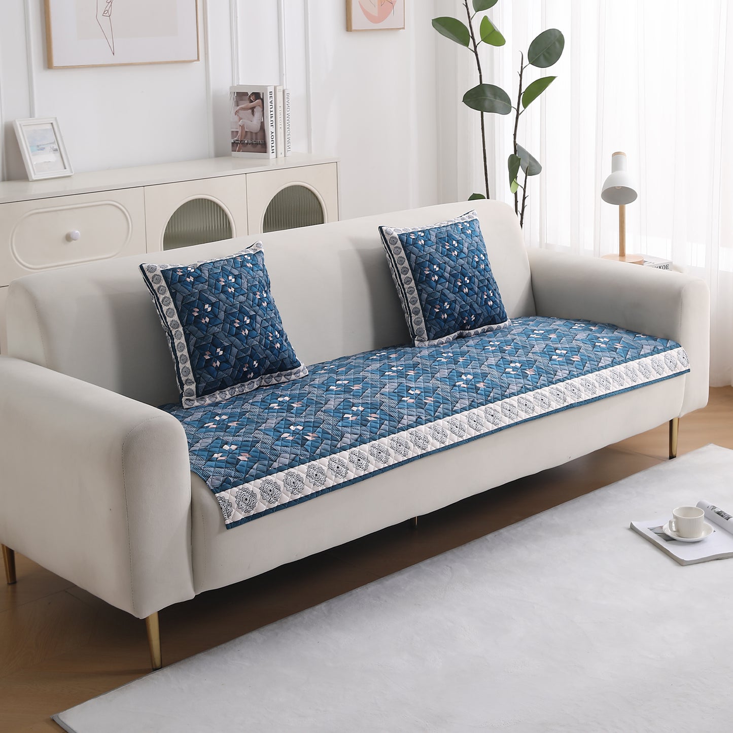 LiefNest Printed Holland Velvet Sofa Mat with Foam Filling - Geometric Floral Oriental Blue for 1/2/3 Seater & Armrest