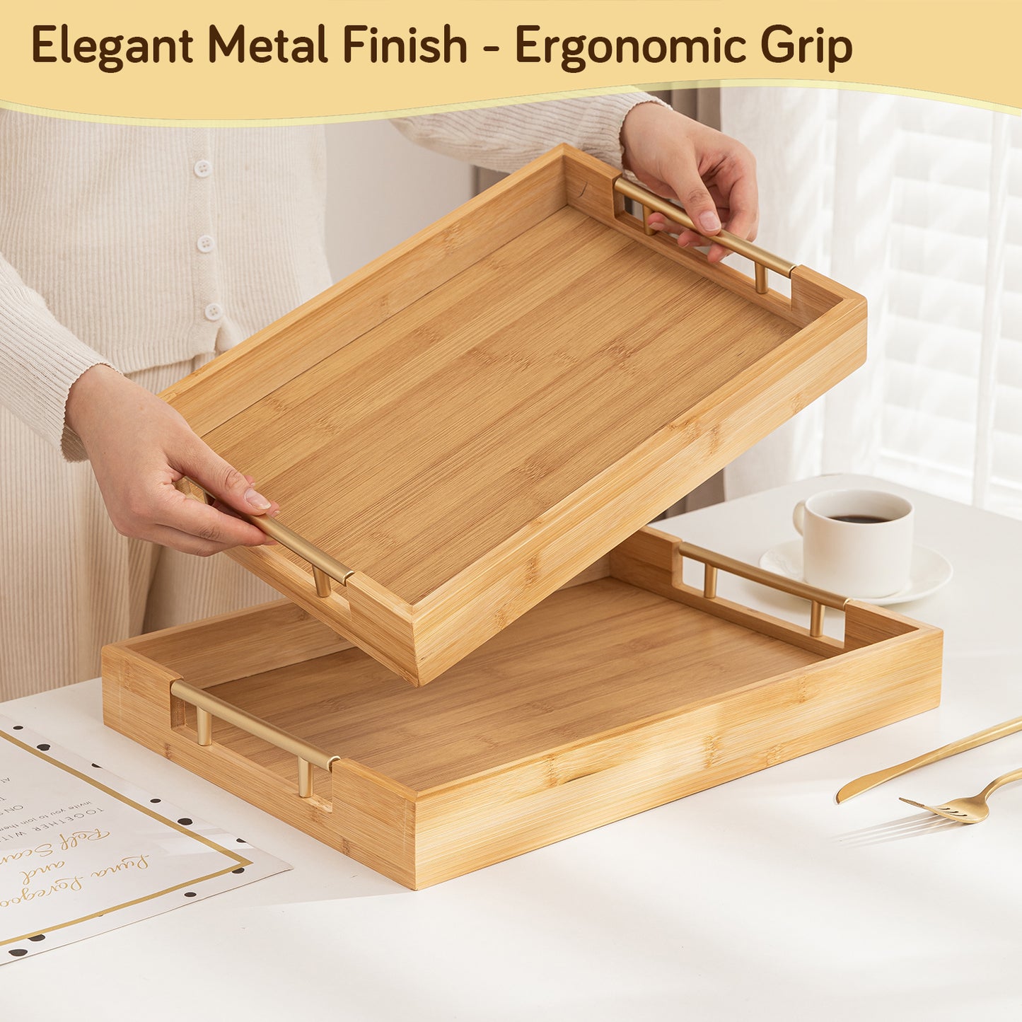 Bamboo Set of 2/3 Serving Tray Set with Gold Handles – Elegant Wooden Trays for Kitchen