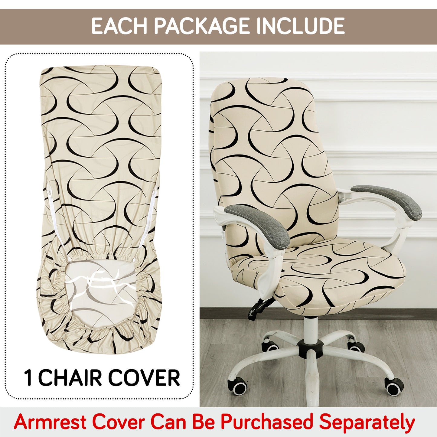 Printed Office Chair Cover for Desk Chair (Mid-Back) – 140 GSM Stretch Fabric – Washable, Durable & Anti-Slip – Fits Mid-Back Office Chairs, Natural Beige Abstract Art - Medium