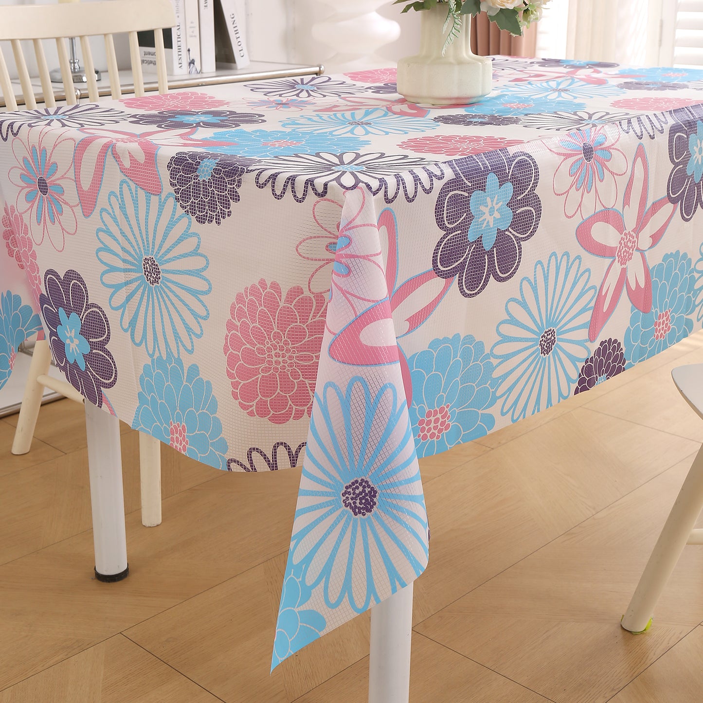PEVA Waterproof Table Cover Cloth for 2/4/6 Seaters Dining Table | Dustproof Table Cloth for Study & Coffee Table, Tufts Blue Sunflower