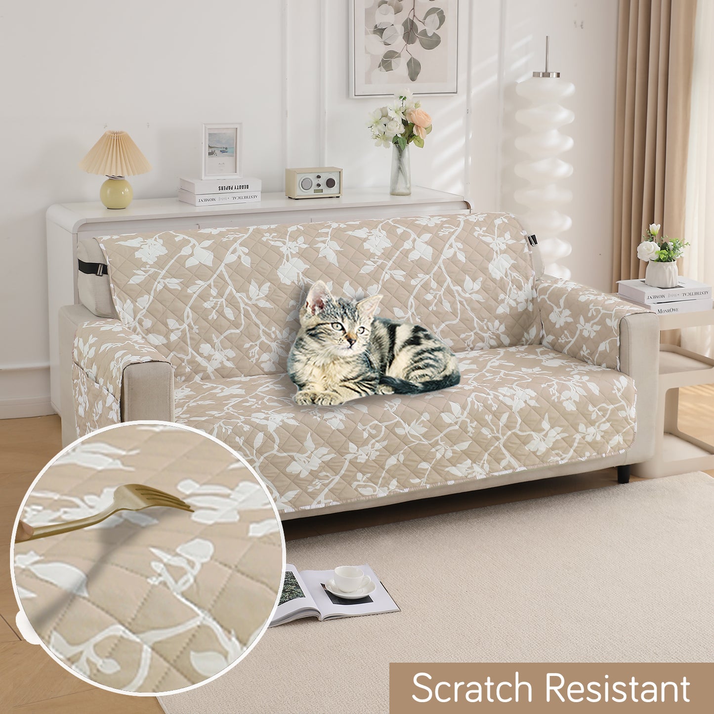 Waterproof & Quick-Dry Quilted Sofa Cover with Pockets on Armrest, Buff Brown Sillehoute Floral