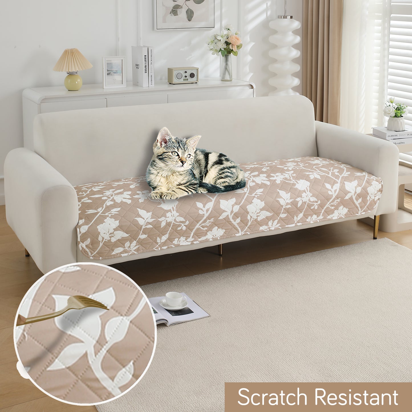 HOKIPO Water Repellent + Waterproof Quilted Sofa Mats, Buff Brown Sillehoute Floral