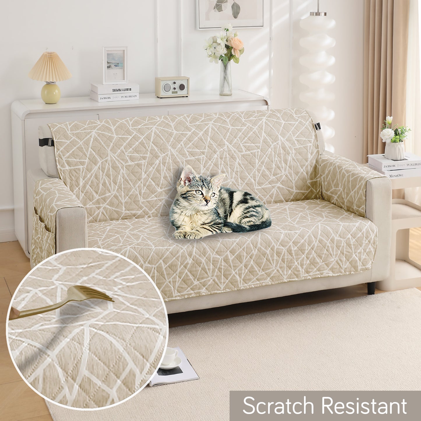 Waterproof & Quick-Dry Quilted Sofa Cover with Pockets on Armrest, Beige Abstract Geometry