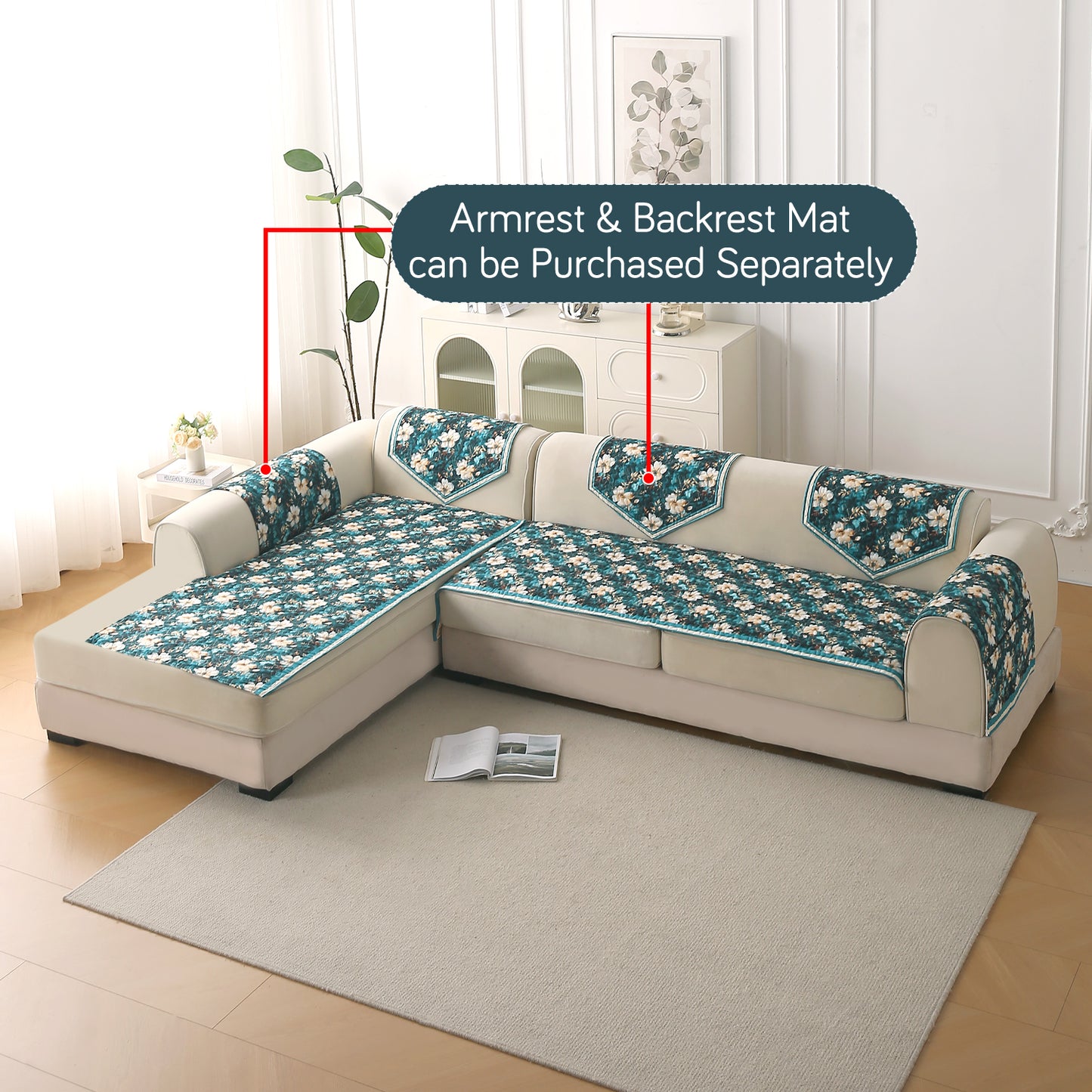 Florentina Series Quilted Holland Velvet L Shape Sofa Seat Mat - Pansies Teal