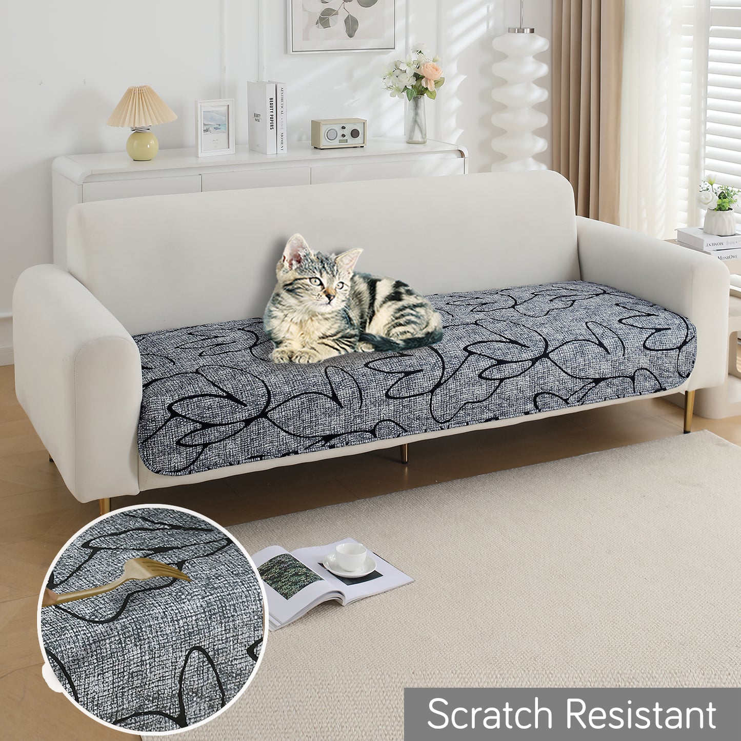 HOKIPO Water Repellent + Waterproof Quilted Sofa Mats, Intense Grey Abstract Floral