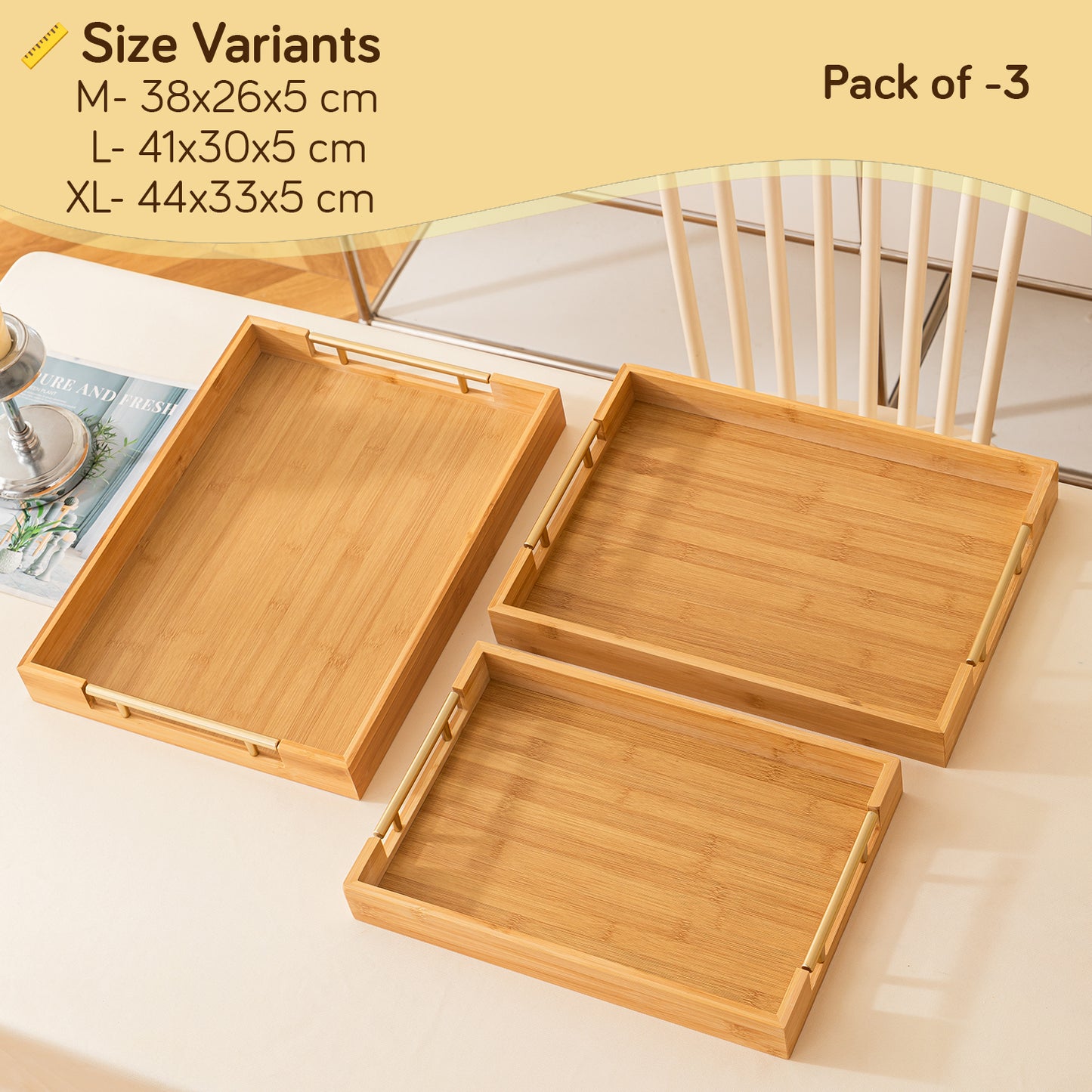 Bamboo Set of 2/3 Serving Tray Set with Gold Handles – Elegant Wooden Trays for Kitchen