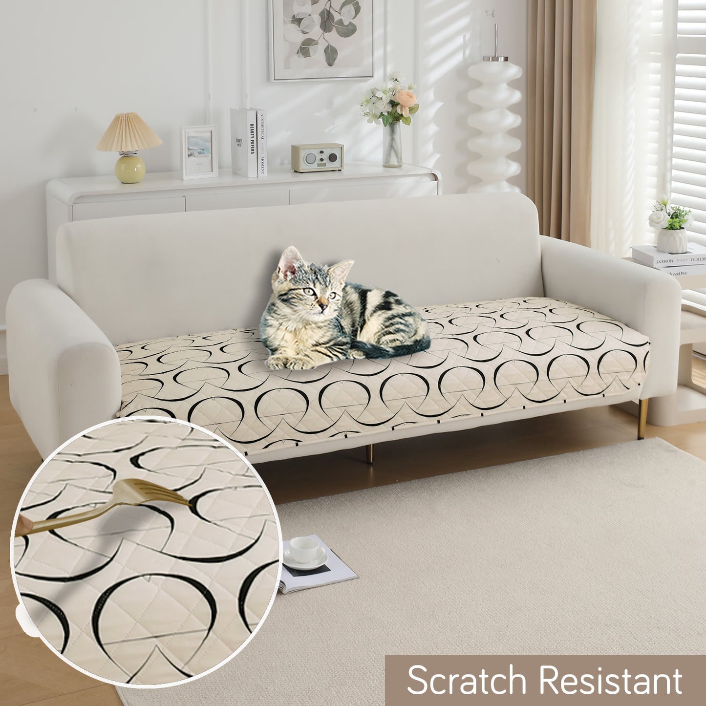HOKIPO Water Repellent + Waterproof Quilted Sofa Mats, Natural Beige Abstract Art