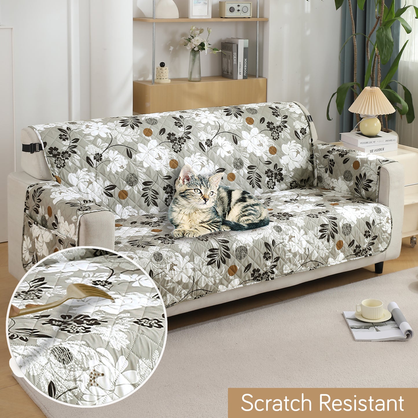 Waterproof & Quick-Dry Quilted Seater Sofa Cover with Pockets on Armrest, Feather Brown Floral