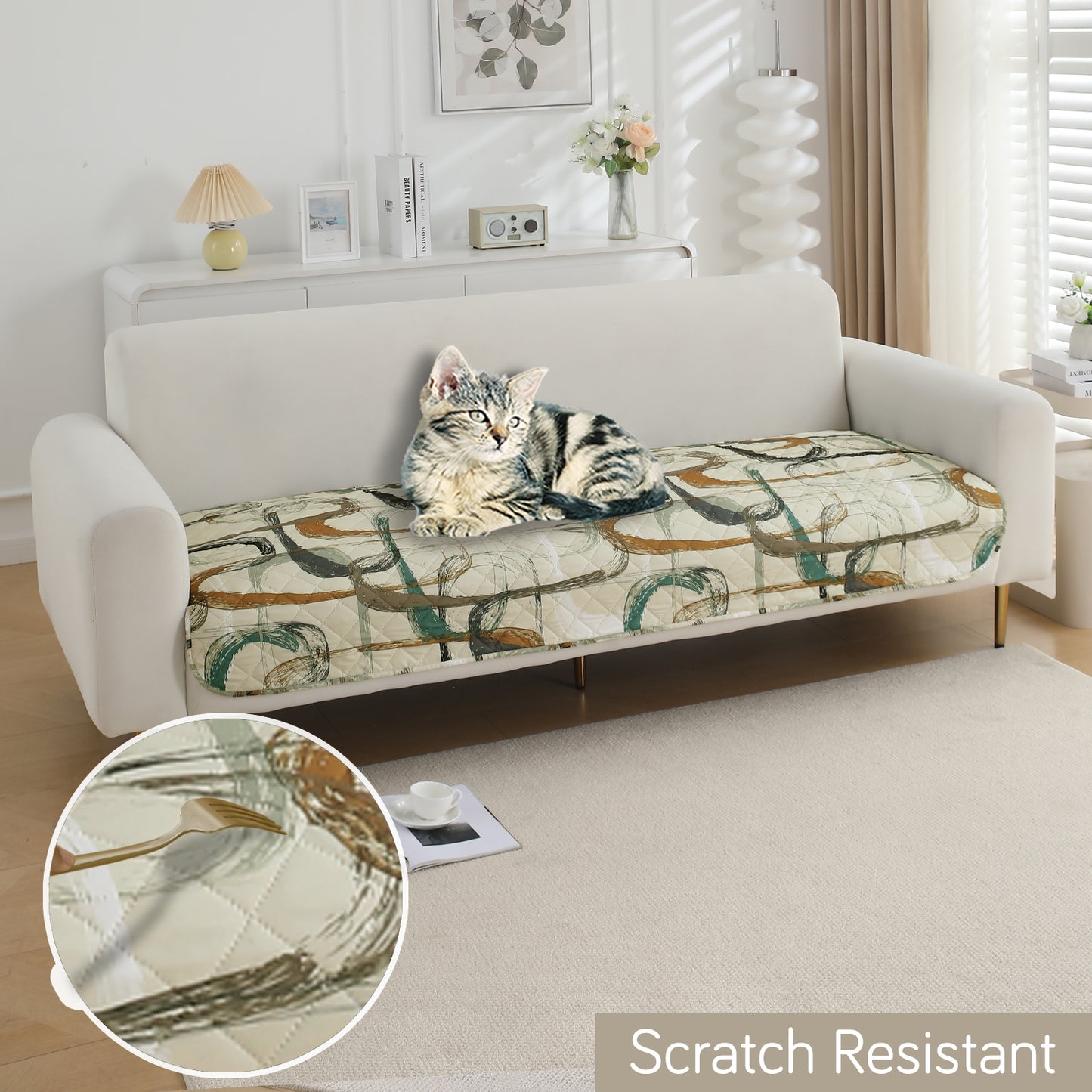 HOKIPO Water Repellent + Waterproof Quilted Sofa Mats, Parchement Beige Abstract Art