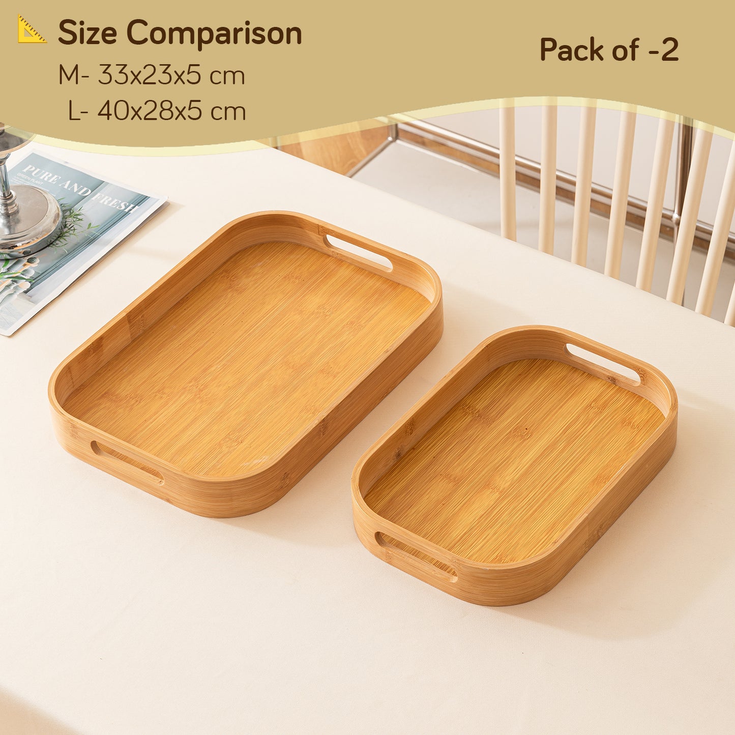 Natural Bamboo Serving Tray Set of 2/3 – Multipurpose Kitchen Tray with Handles