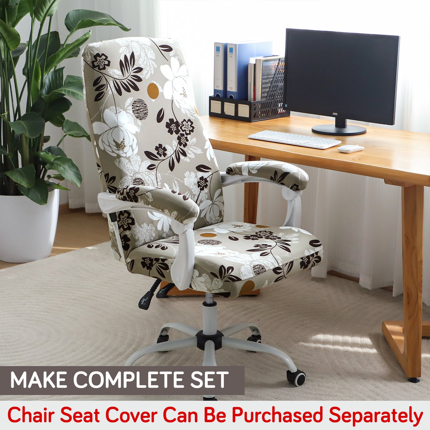140gsm Printed Armrest Covers for Office Chair (Elastic Style), 1 Pair, Feather Brown Floral
