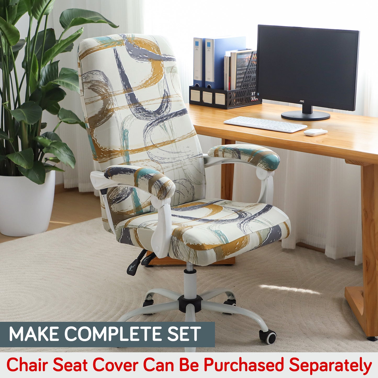 140gsm Printed Armrest Covers for Office Chair (Elastic Style), 1 Pair, Parchement Beige Abstract Art