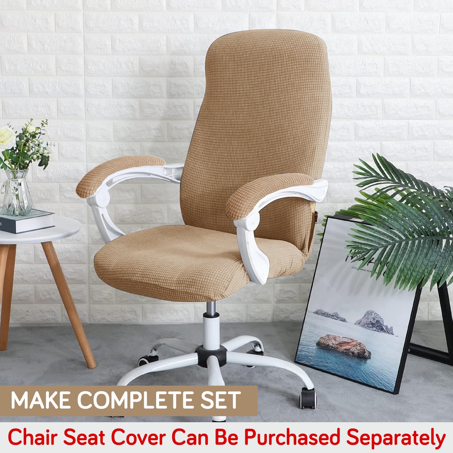 210gsm Jacquard Water Repellent Armrest Covers for Office Chair (Elastic Style), 1 Pair, Camel