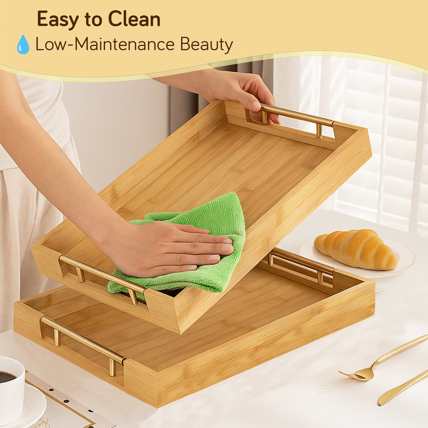 Bamboo Set of 2/3 Serving Tray Set with Gold Handles – Elegant Wooden Trays for Kitchen
