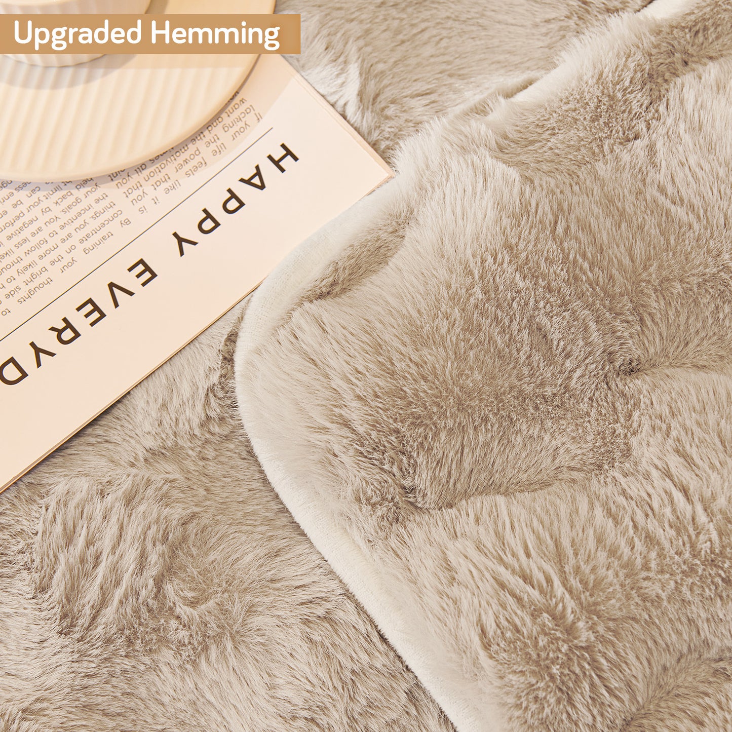 Premium Faux Rabbit Fur Anti Slip Sofa Cover Mat with 2 Armrest Cover, Latte Brown