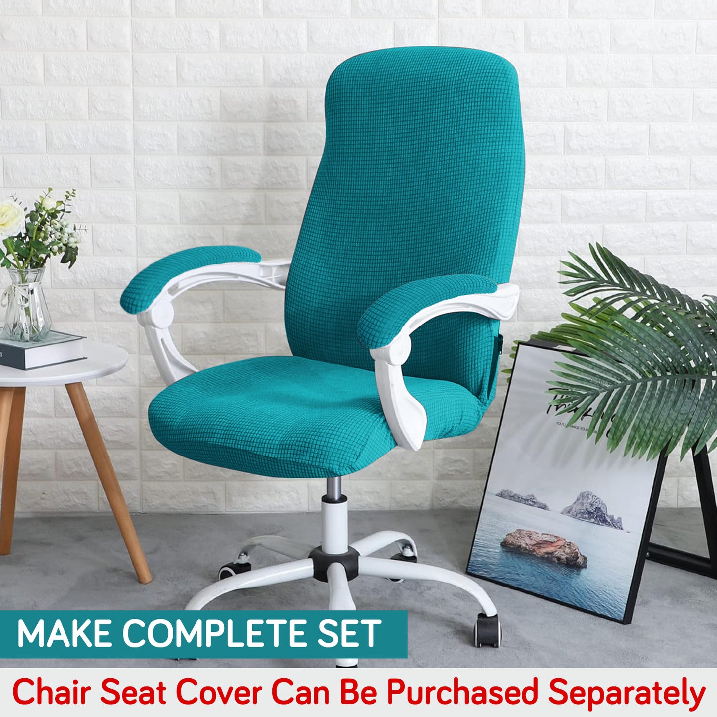 210gsm Jacquard Water Repellent Armrest Covers for Office Chair (Elastic Style), 1 Pair, Teal