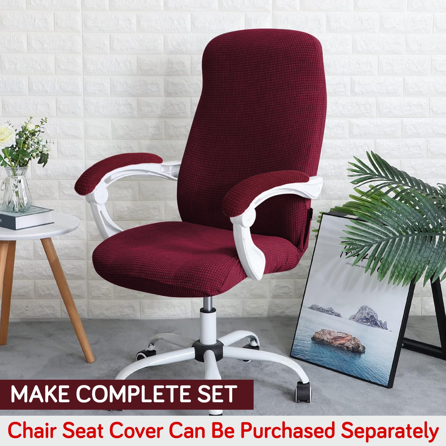 210gsm Jacquard Water Repellent Armrest Covers for Office Chair (Elastic Style), 1 Pair, Burgundy