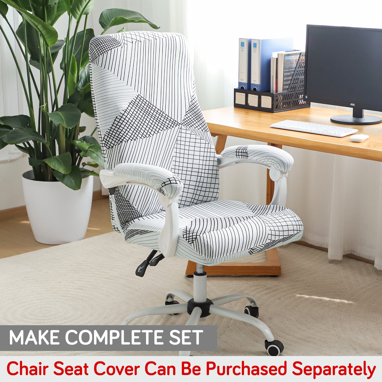 140gsm Printed Armrest Covers for Office Chair (Elastic Style), 1 Pair, Snow White Black Geometry