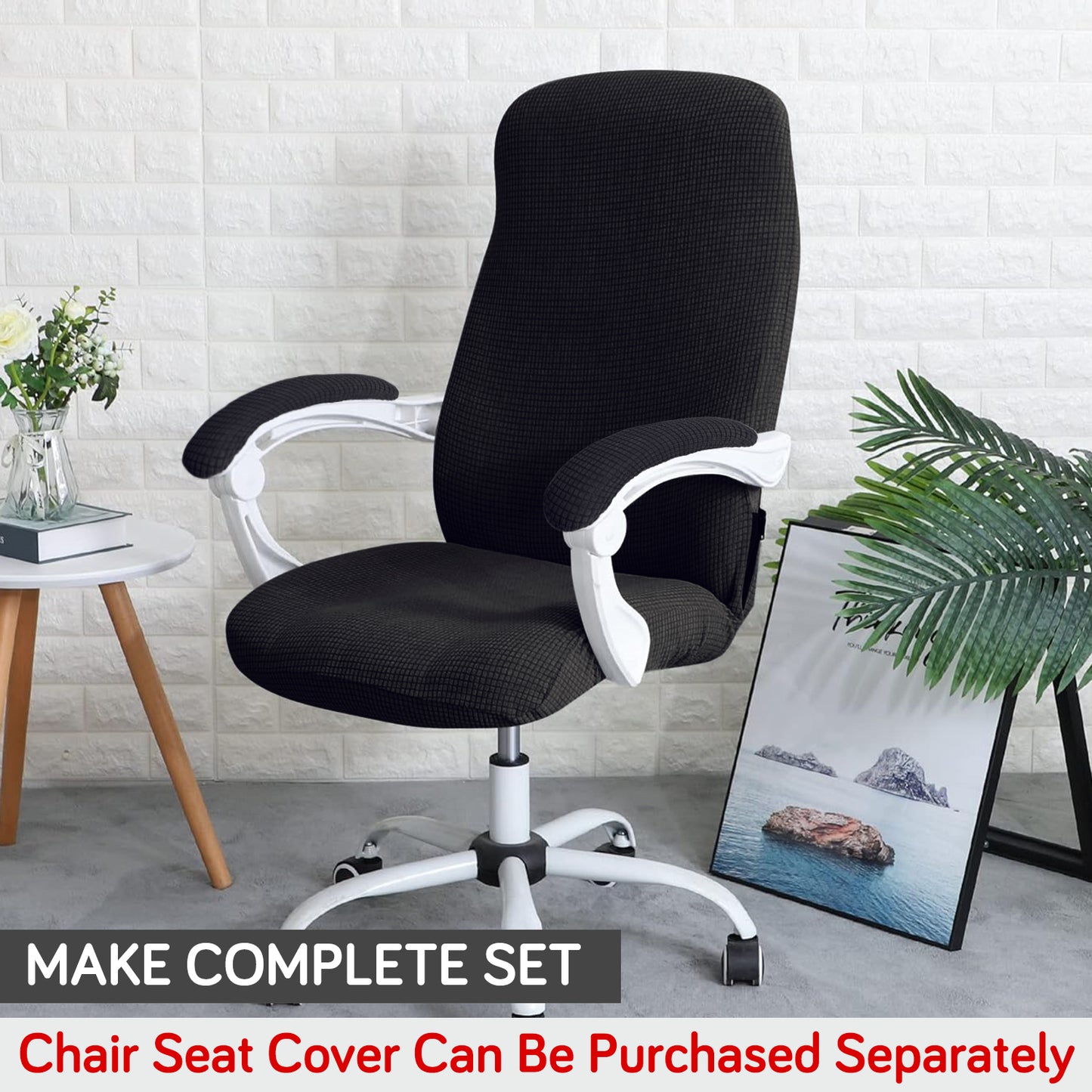 210gsm Jacquard Water Repellent Armrest Covers for Office Chair (Elastic Style), 1 Pair, Black