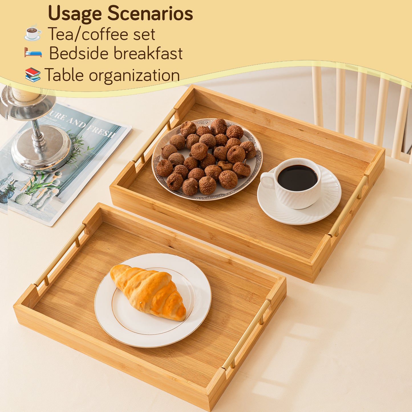 Bamboo Set of 2/3 Serving Tray Set with Gold Handles – Elegant Wooden Trays for Kitchen