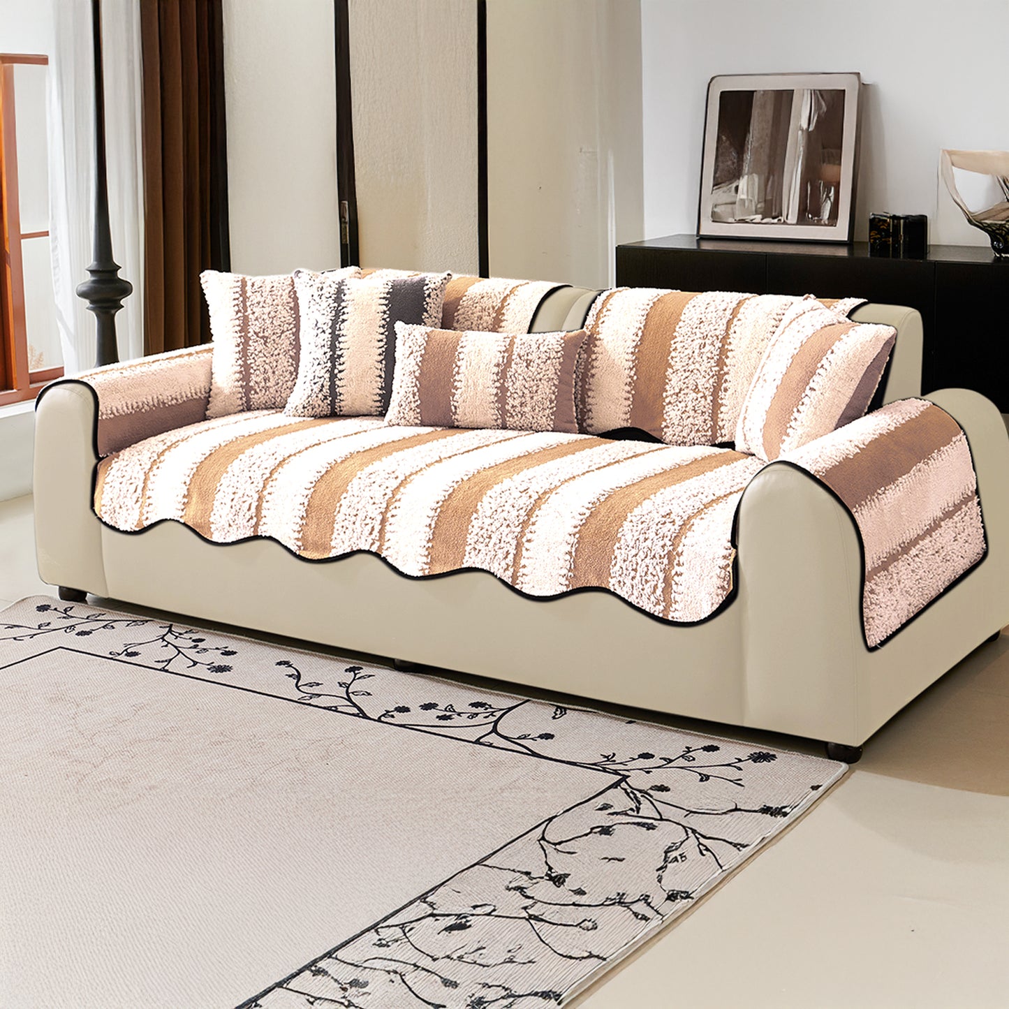Luxury Wavy Plush Cushion Cover for Sofa - Desert Brown