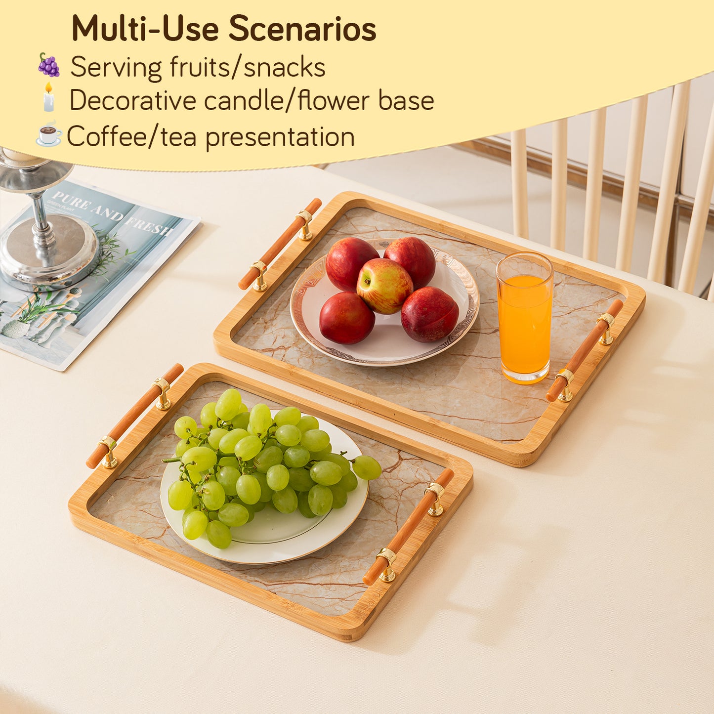 Luxury Bamboo Serving Tray Set with Faux Marble Base with Golden Handles