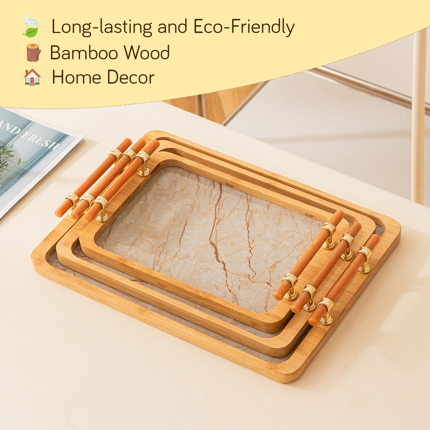 Luxury Bamboo Serving Tray Set with Faux Marble Base with Golden Handles