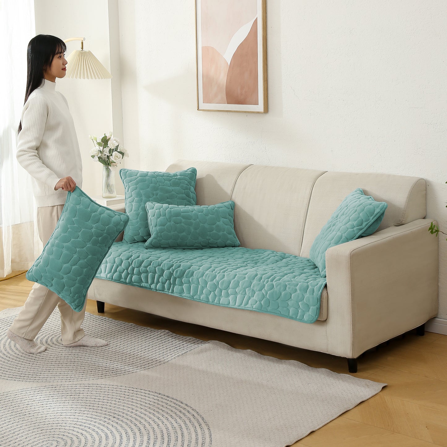 Premium Pebble Milk Velvet Anti Slip Sofa Mat for 1/2/3 Seater, Fog Blue