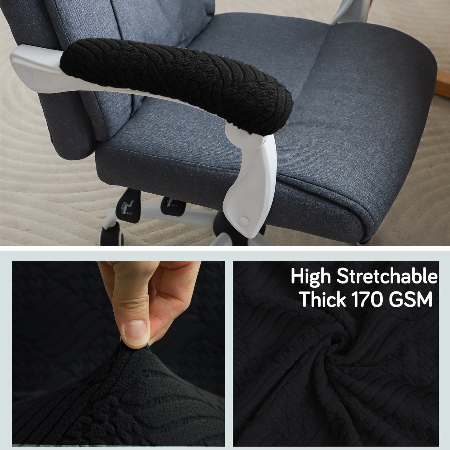 170gsm Jacquard Armrest Covers for Office Chair (Elastic Style), 1 Pair, Black