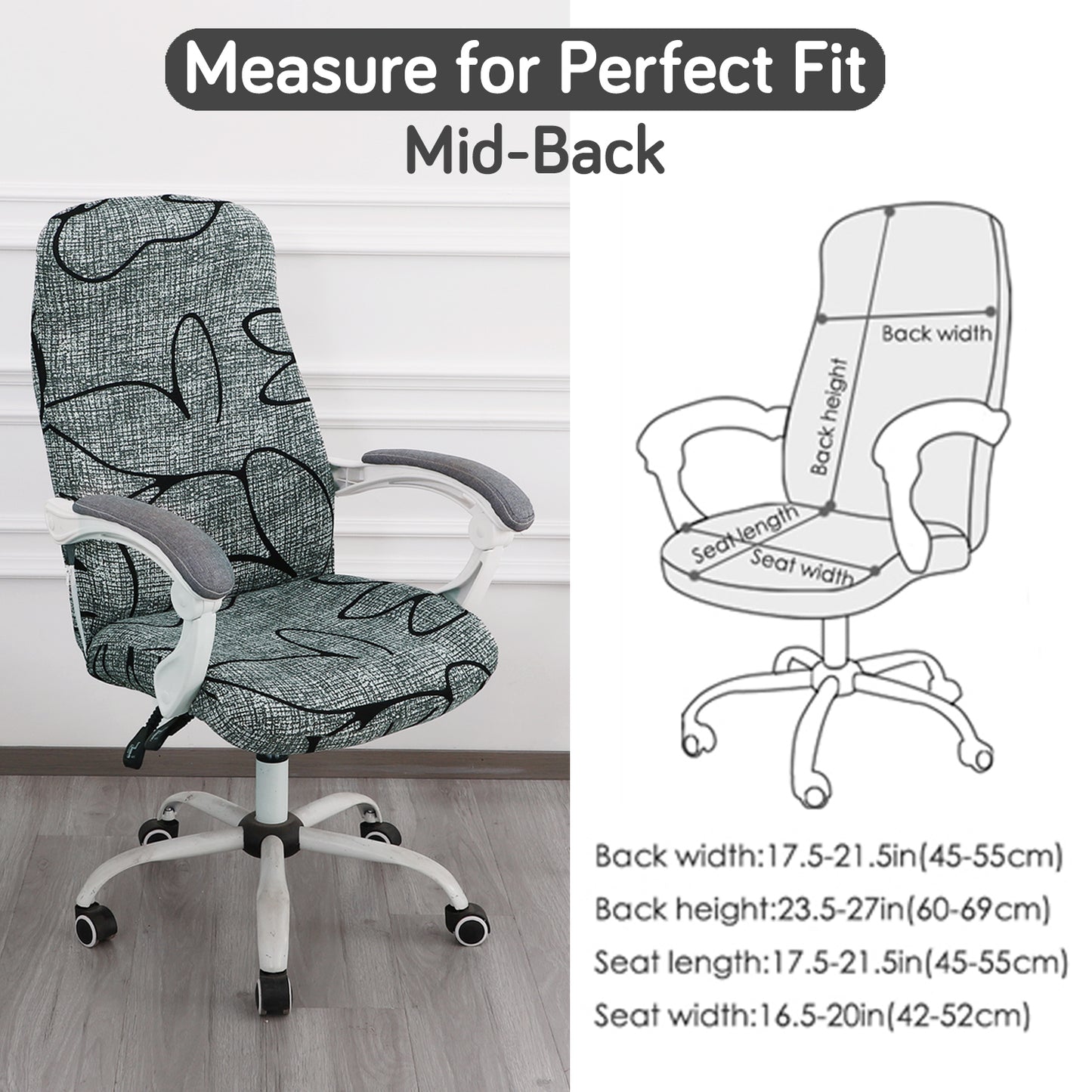 Printed Office Chair Cover for Desk Chair (Mid-Back) – 140 GSM Stretch Fabric – Washable & Anti-Slip – Fits Mid-Back Office Chairs, Intense Grey Abstract Floral - Medium