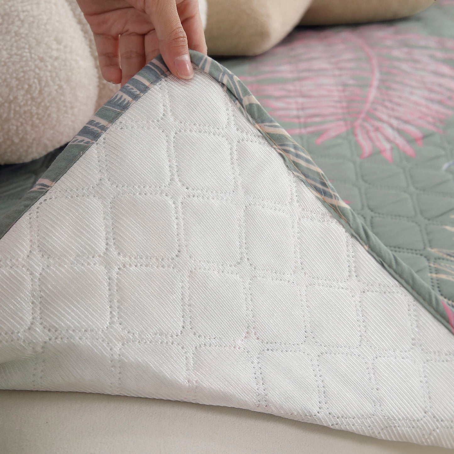 Polyester Printed Quilted Sofa Cover Mats, Tropical Leaves Pastel Green