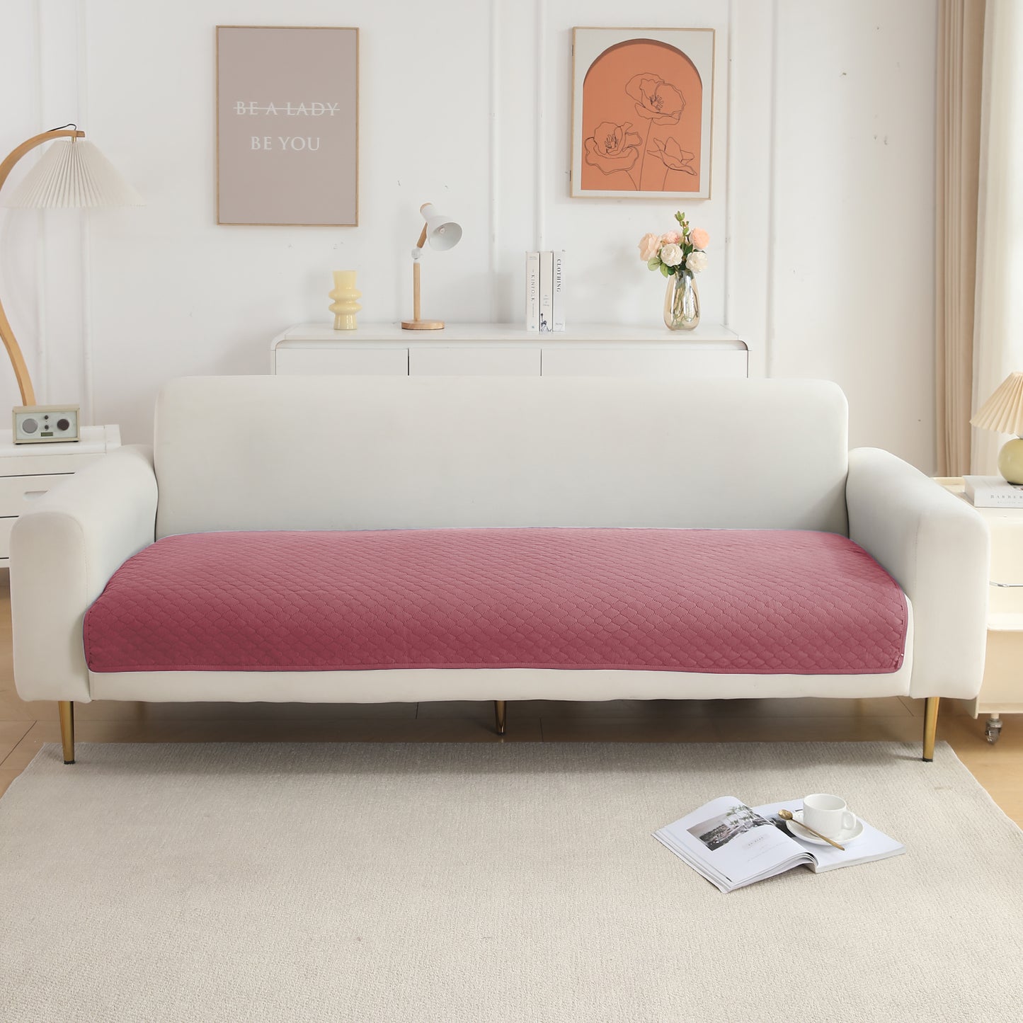 Quilted Sofa Cover Mat for 1/2/3 Seater Sofa, Mauve Pink
