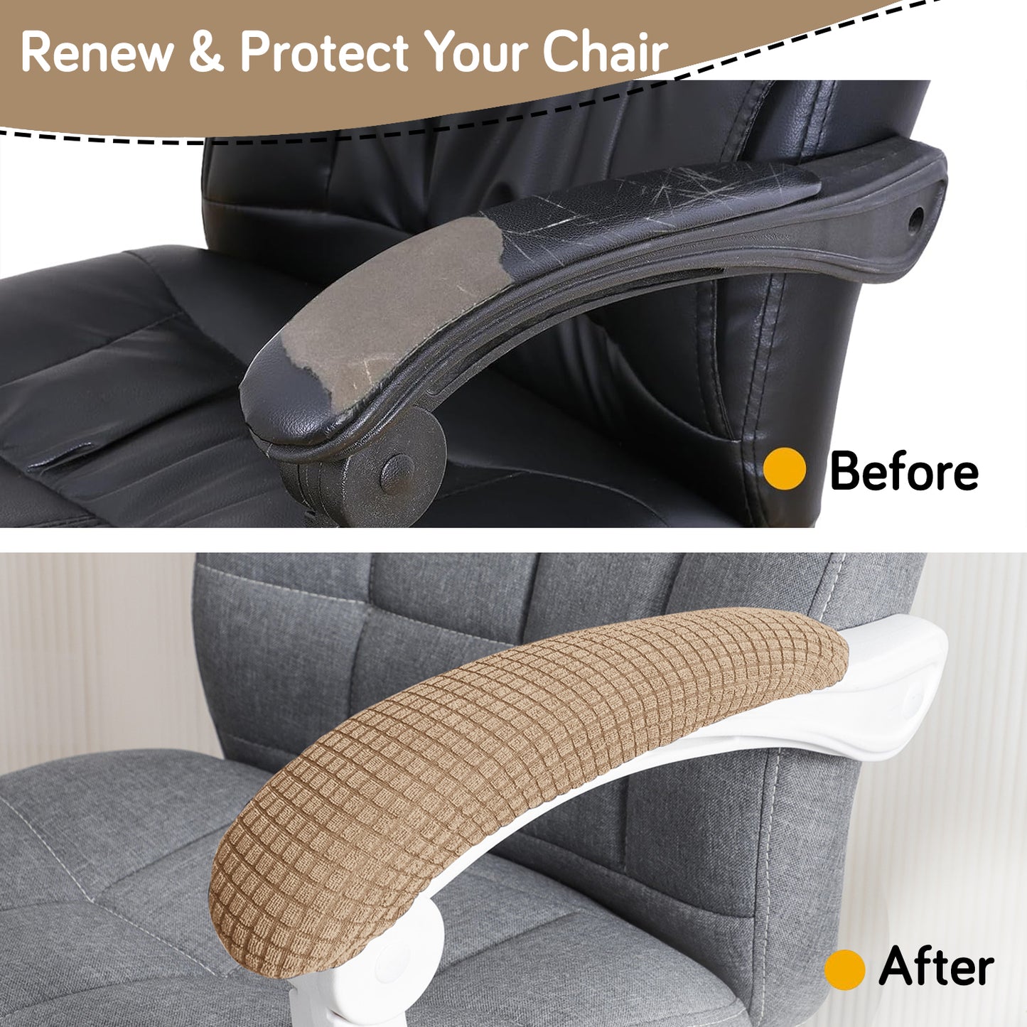 210gsm Jacquard Water Repellent Armrest Covers for Office Chair (Elastic Style), 1 Pair, Camel