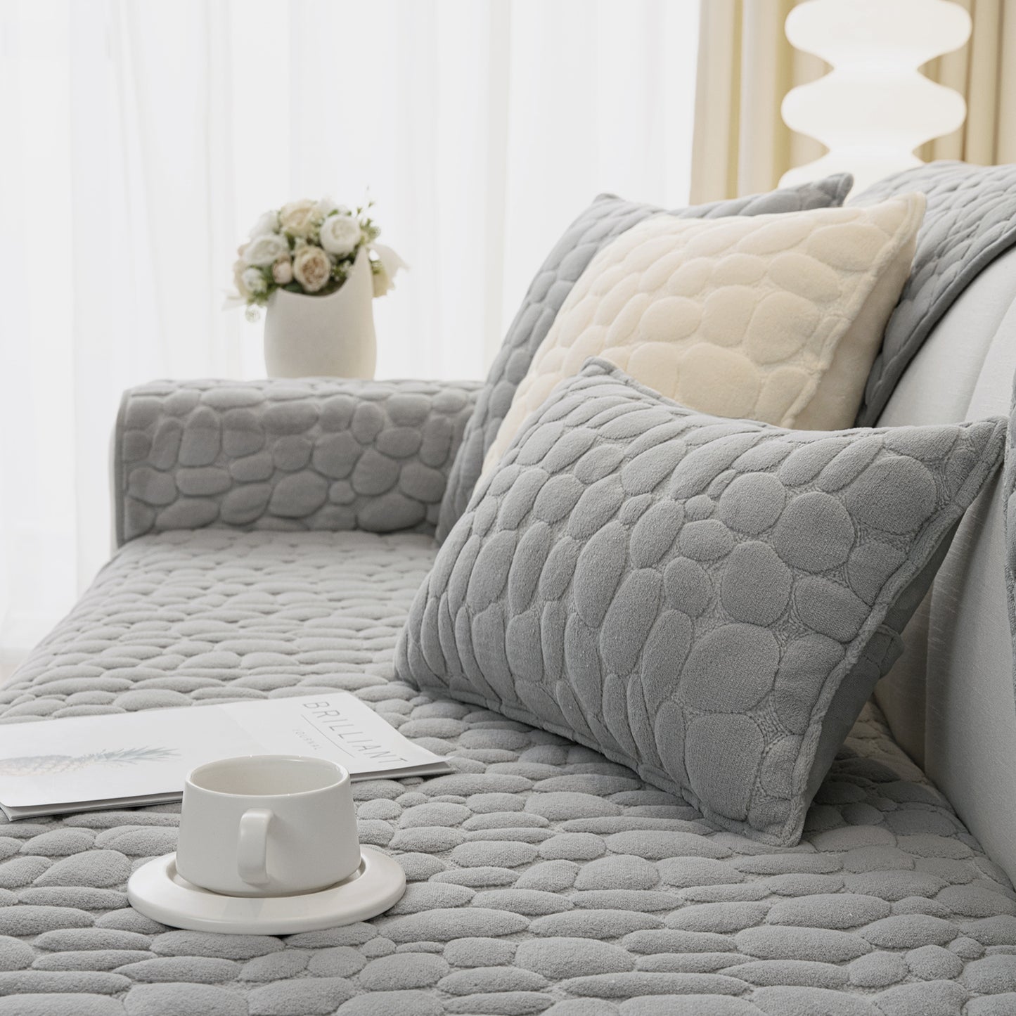 Premium Pebble Milk Velvet Anti Slip Sofa Mat for 1/2/3 Seater, Moon Grey
