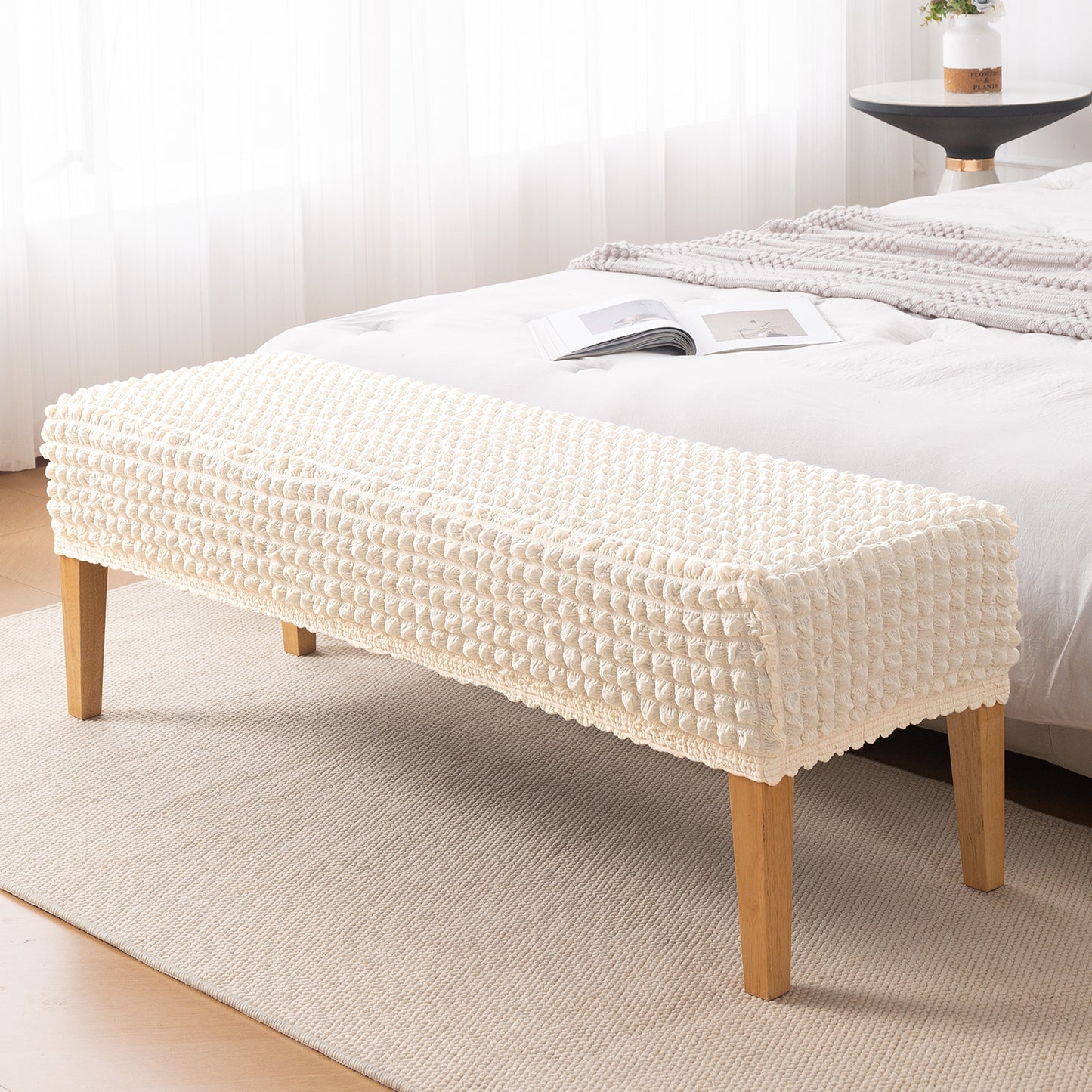 Aria Nova 280 GSM Stretchable Bubble Dining Bench Cover, Light Cream