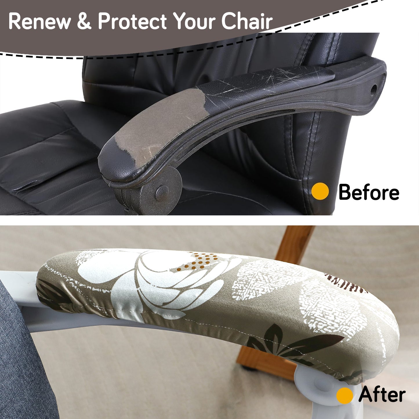 140gsm Printed Armrest Covers for Office Chair (Elastic Style), 1 Pair, Feather Brown Floral