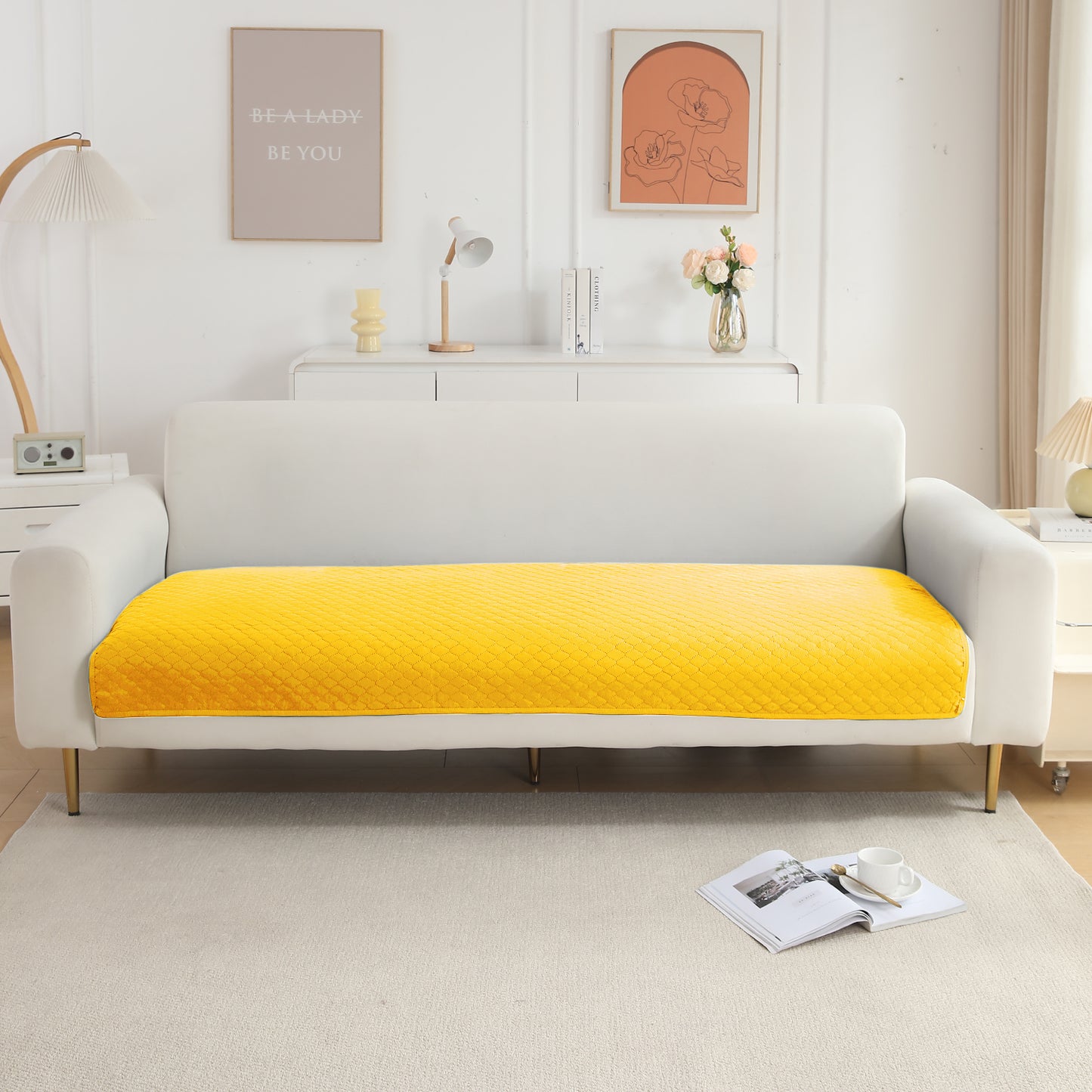 Quilted Sofa Cover Mat for 1/2/3 Seater Sofa, Yellow
