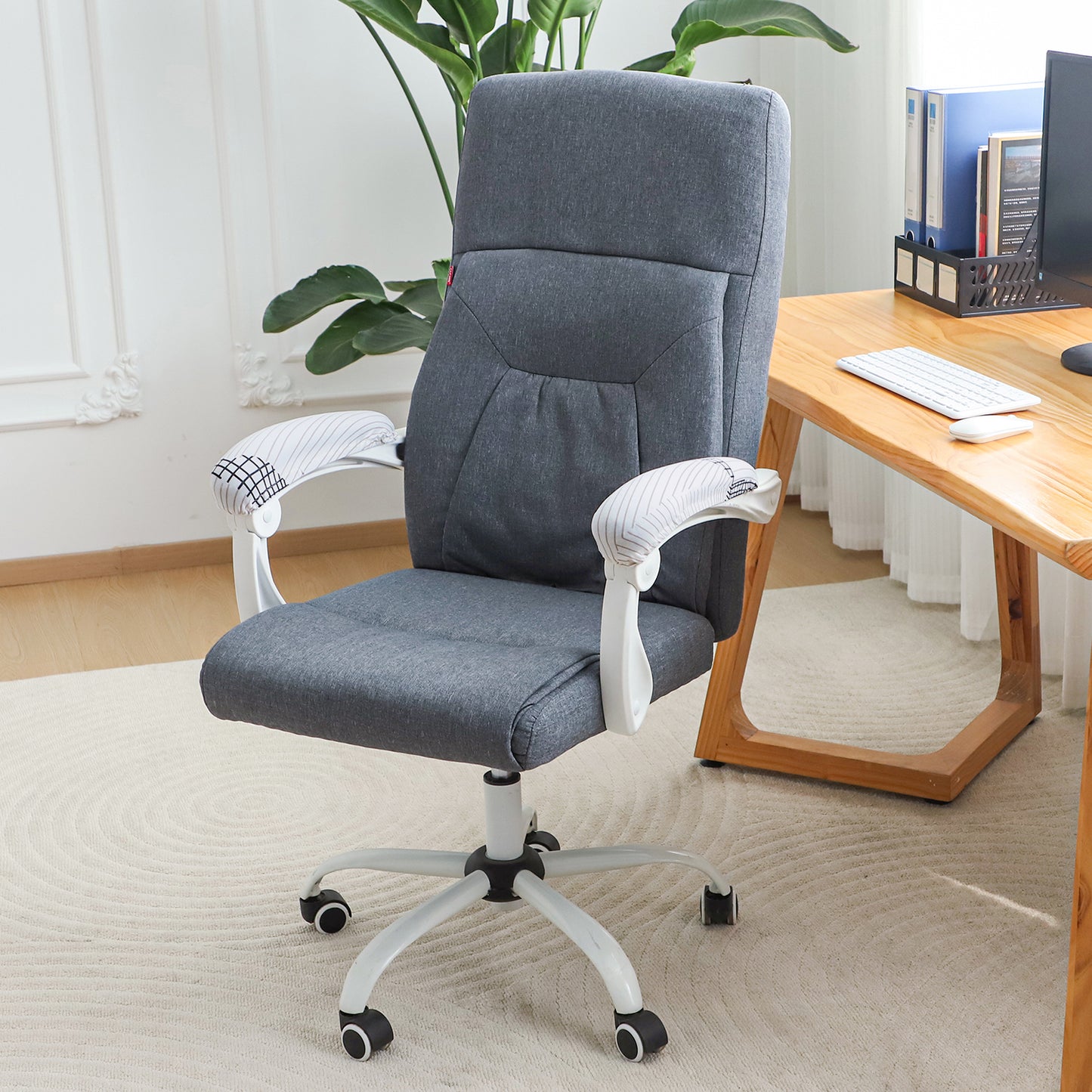 140gsm Printed Armrest Covers for Office Chair (Elastic Style), 1 Pair, Snow White Black Geometry