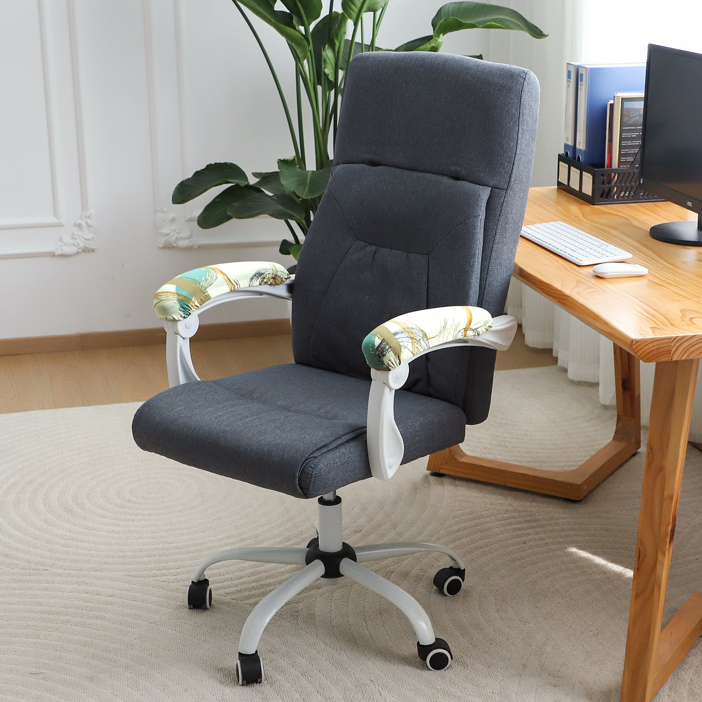 140gsm Printed Armrest Covers for Office Chair (Elastic Style), 1 Pair, Parchement Beige Abstract Art
