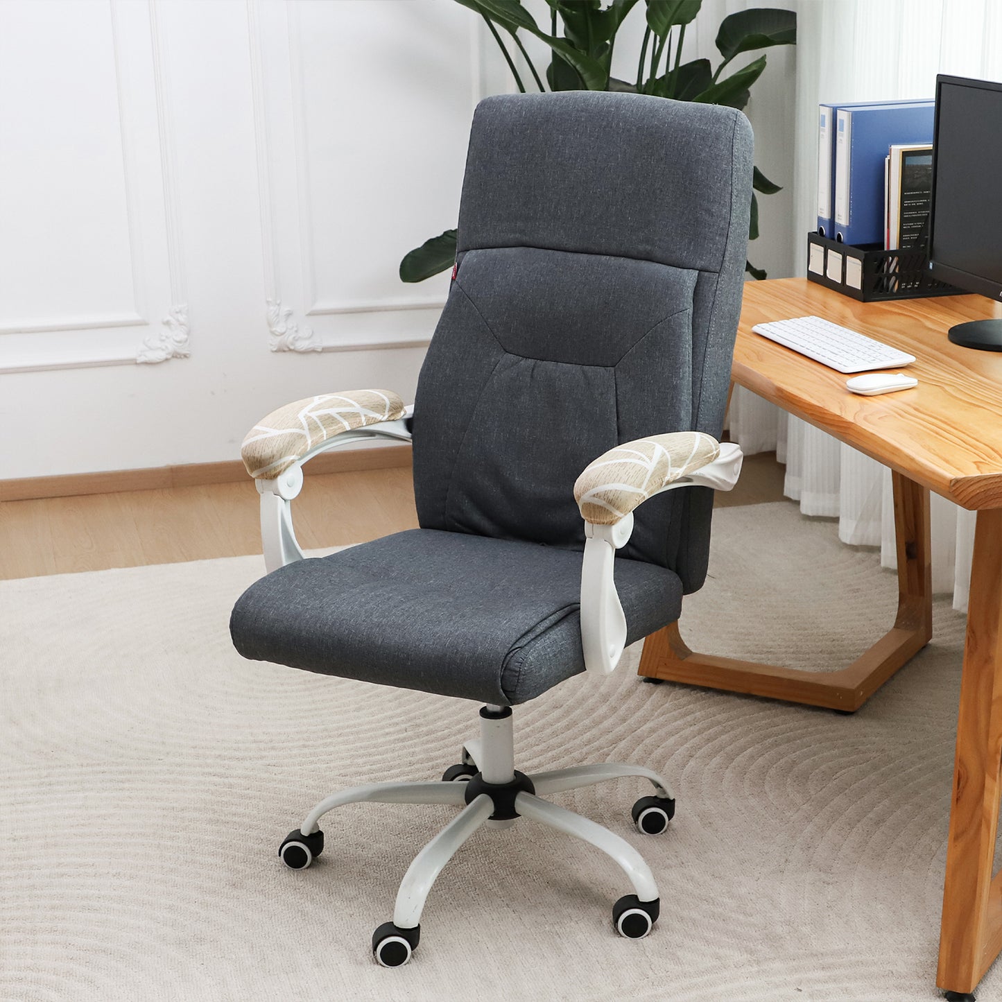 140gsm Printed Armrest Covers for Office Chair (Elastic Style), 1 Pair, Beige Abstract Geometry