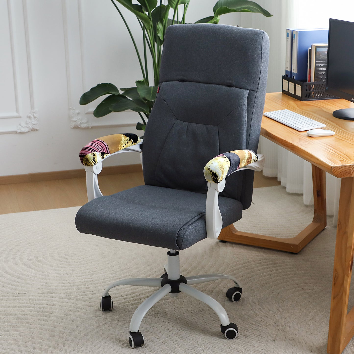 140gsm Printed Armrest Covers for Office Chair (Elastic Style), 1 Pair, Wine Abstract Geometry