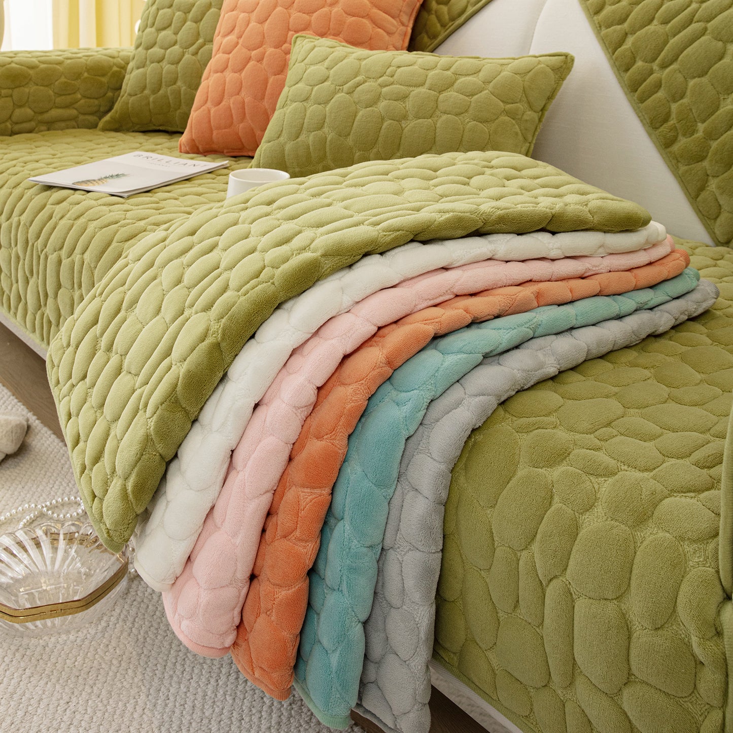 Premium Pebble Milk Velvet Anti Slip Sofa Mat for 1/2/3 Seater, Pristine Green