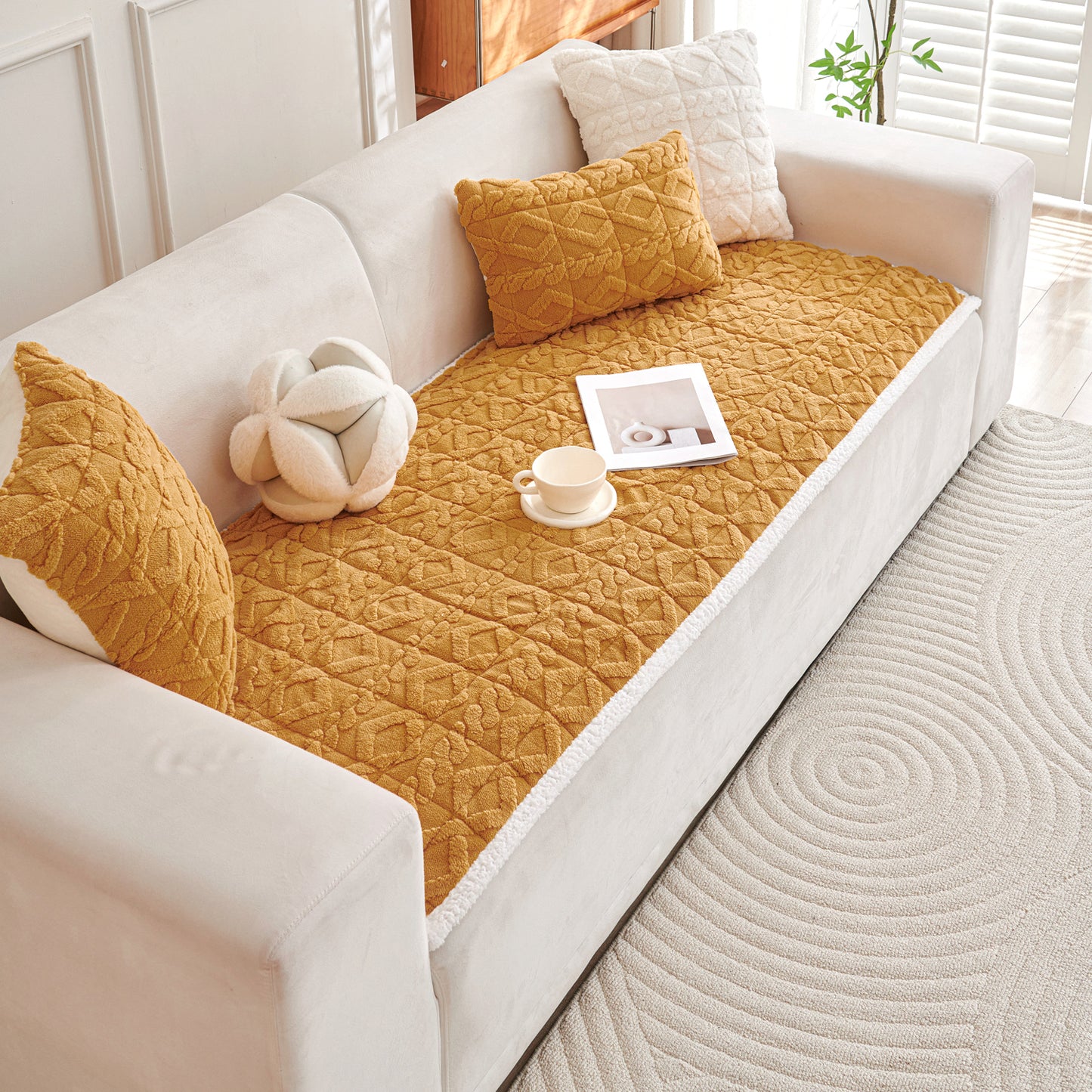'Italian Caelora' Luxury Jacquard Plush Sofa Cover Mat and Anti-Slip Armrest Covers - Honey Yellow