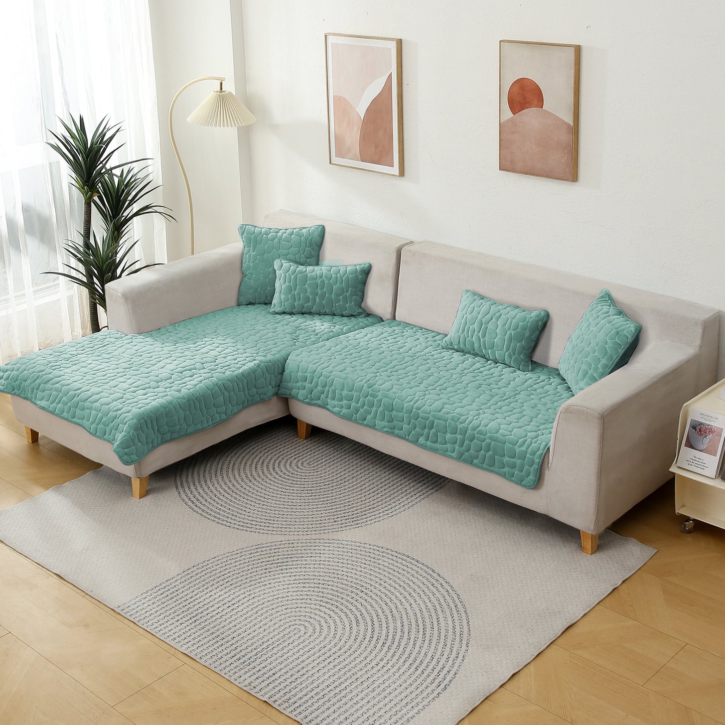 Premium Pebble Milk Velvet Anti Slip Sofa Mat for 1/2/3 Seater, Fog Blue