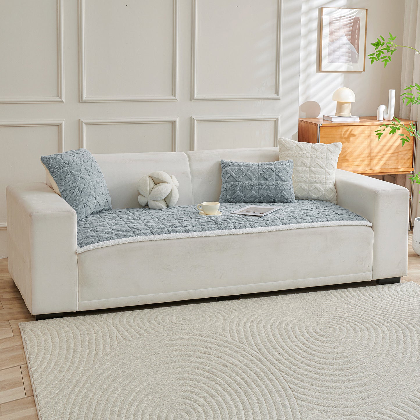 'Italian Caelora' Luxury Jacquard Plush Sofa Cover Mat and Anti-Slip Armrest Covers - Powder Blue